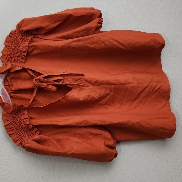 Shein Womens Blouse Size L 8/10 Light Rust Ruffle Bow Balloon Sleeves - Picture 1 of 13